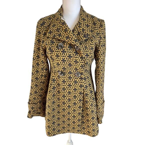 Pura Vida Peacoat Womens Size 4 Gold Gray Double Breasted Wool Blend Floral - Picture 1 of 9